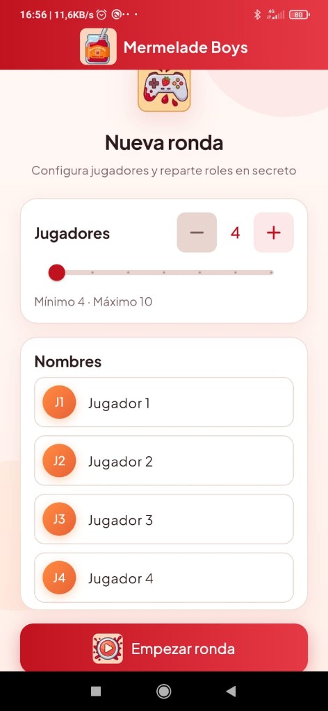 Pantalla de nueva ronda con selector de jugadores